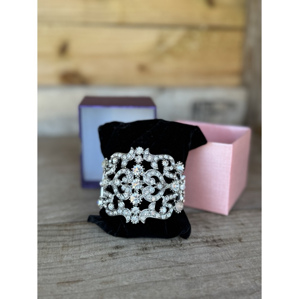 Dazzling Stunning Silver Tone Clear Wedding Bracelet Cuff Beautiful READ DETAILS